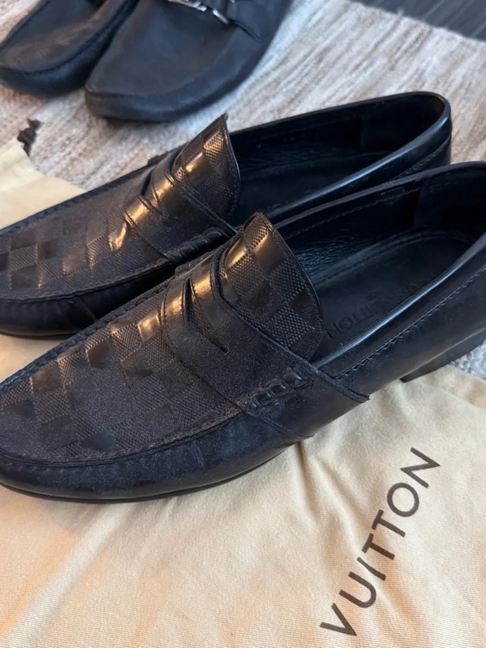 Louis Vuitton Black Men's Penny Loafers with Checkered Pattern - Picture 1 of 3